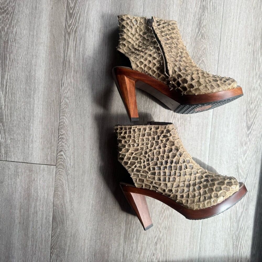 Salpy Artisan Snakeskin Leather Hand Made Wood Heel Open Toe Boots Sz 7 Brown - Picture 7 of 16
